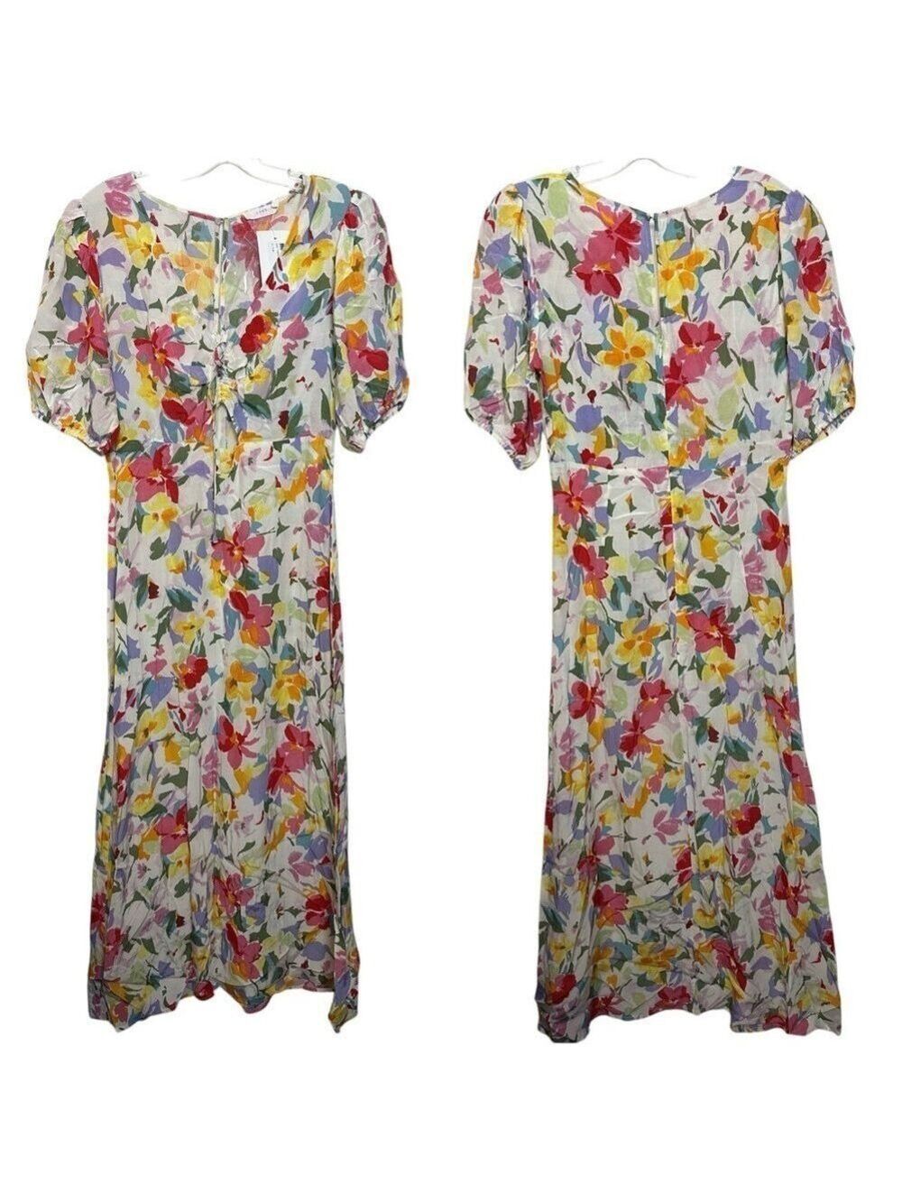 Lush Tropical Floral Front Cut Out Short Puff Sleeves Maxi Dress